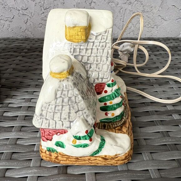 Vintage Hand‎ Painted Ceramic Log Cabin  Lighted House Christmas Country Snowman - Picture 5 of 7